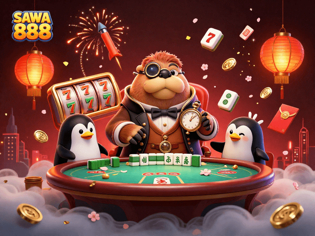 Experience excitement at SAWA 888 with a jolly walrus, sophisticated dealer, and bluffing fish in a vibrant slot setting.
