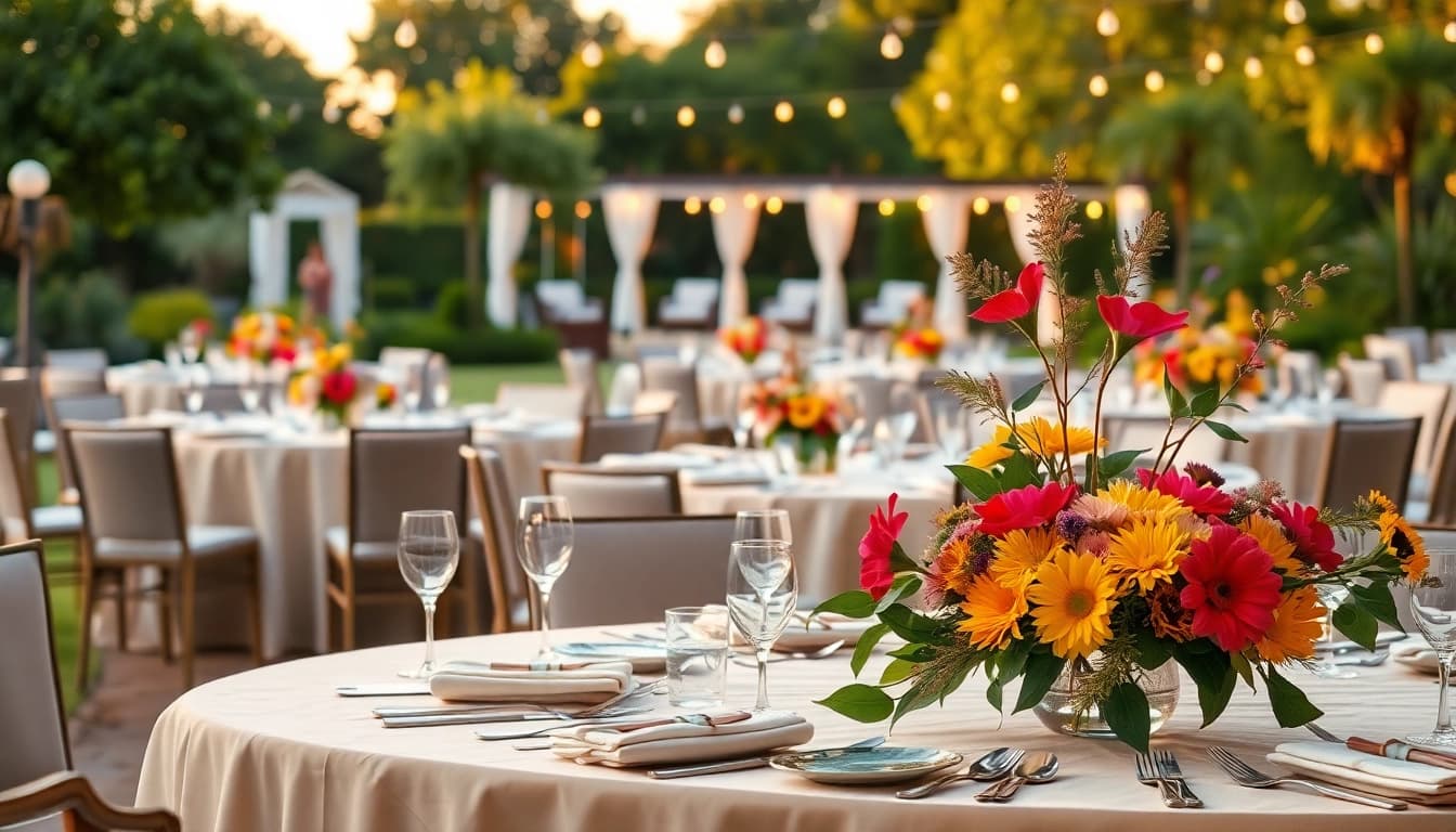 Enhance your event with stylish Table Rentals featuring elegant setups in an enchanting garden.