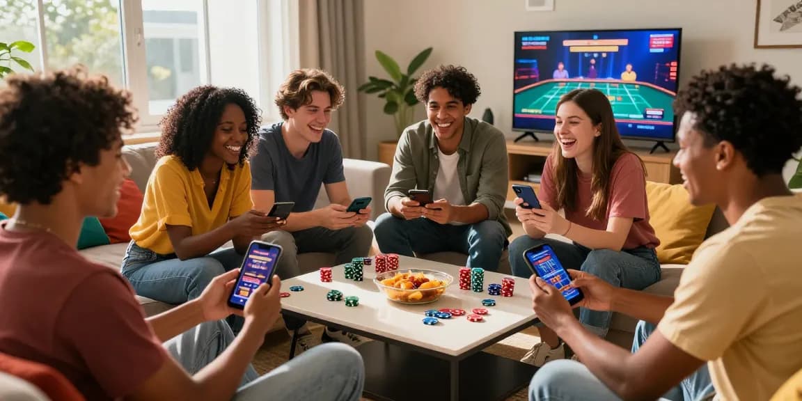 Friends discussing online casinos that accept credit cards while enjoying a cozy living room setting with snacks and games.