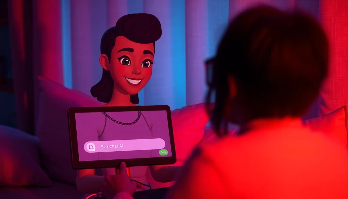 Engaging sex chat ai interaction with a friendly virtual character in a cozy setting.