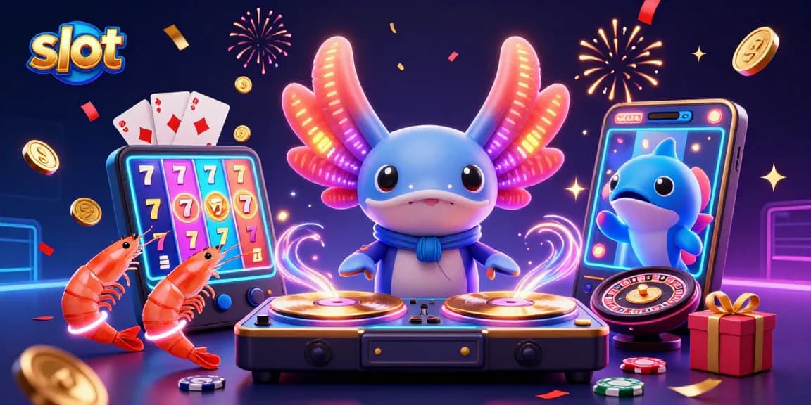 Menggulung slot pada smartphone dengan karakter berwarna neon di kasino, menyebar koin emas dan kartu permainan.