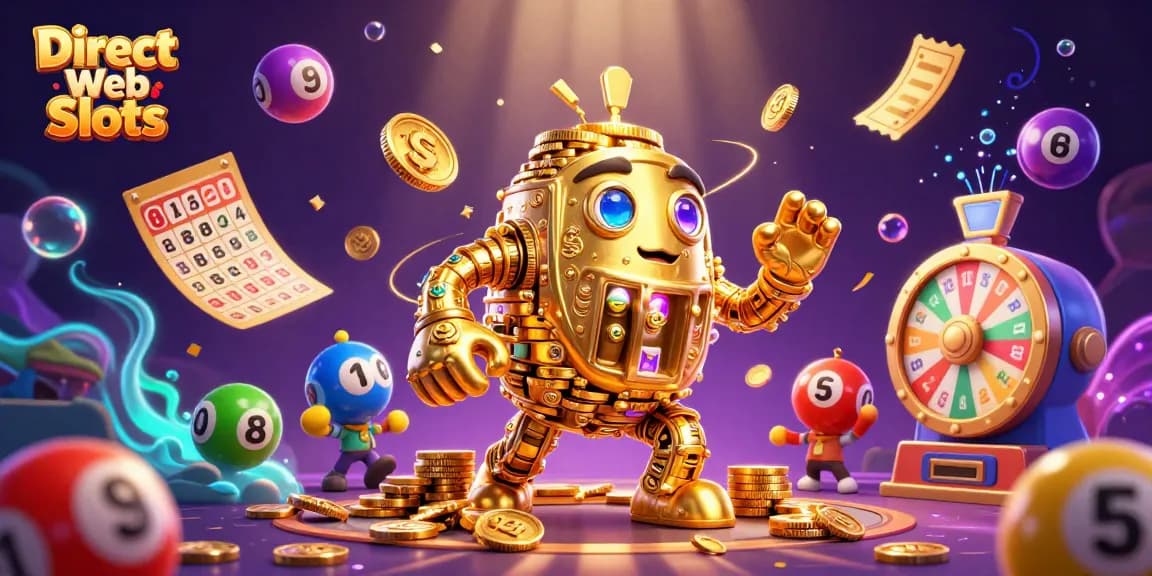 Experience Direct Web Slots with an ancient golden golem surrounded by exciting slot game elements.