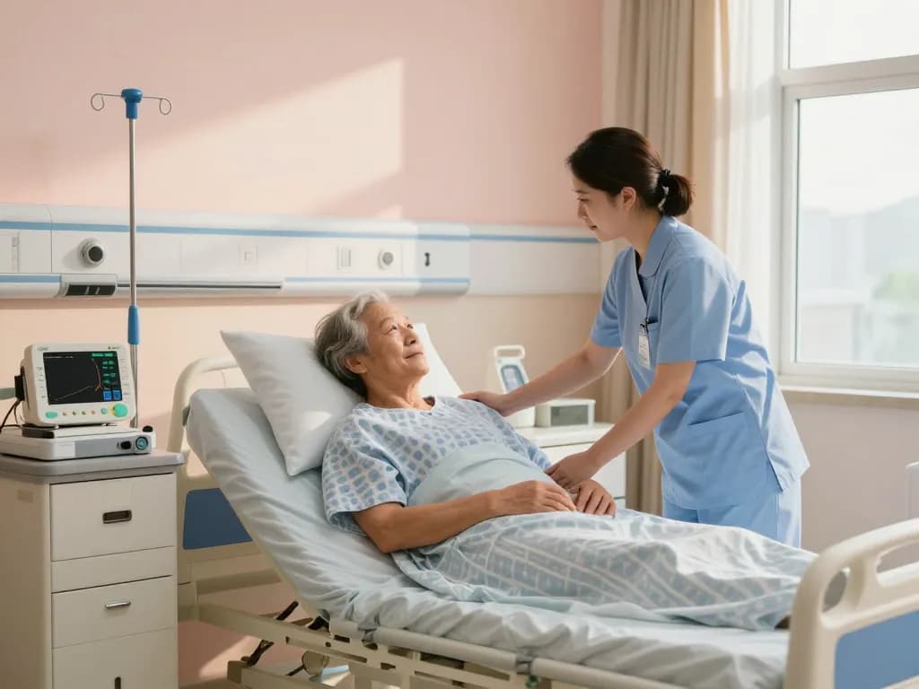 Comfortable giường bệnh nhân with nurse assisting patient in bright hospital room.