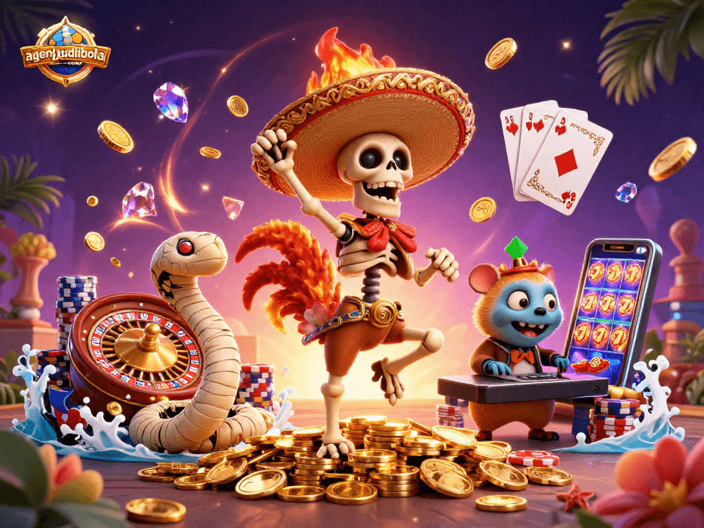 Engage in dynamic gambling action with agenjudibola-resmi featuring colorful characters, coins, and vibrant casino elements.