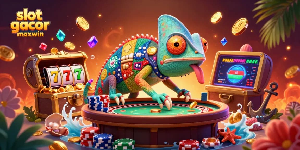 Engage with slot gacor maxwin in a vibrant 3D casino scene featuring a colorful chameleon and gold treasures.