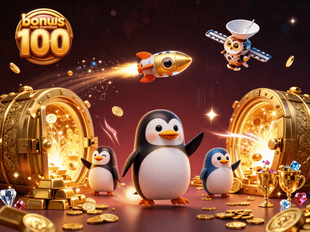 Experience wins with bonus new member 100 and treasure in a vibrant casino-themed 3D illustration.