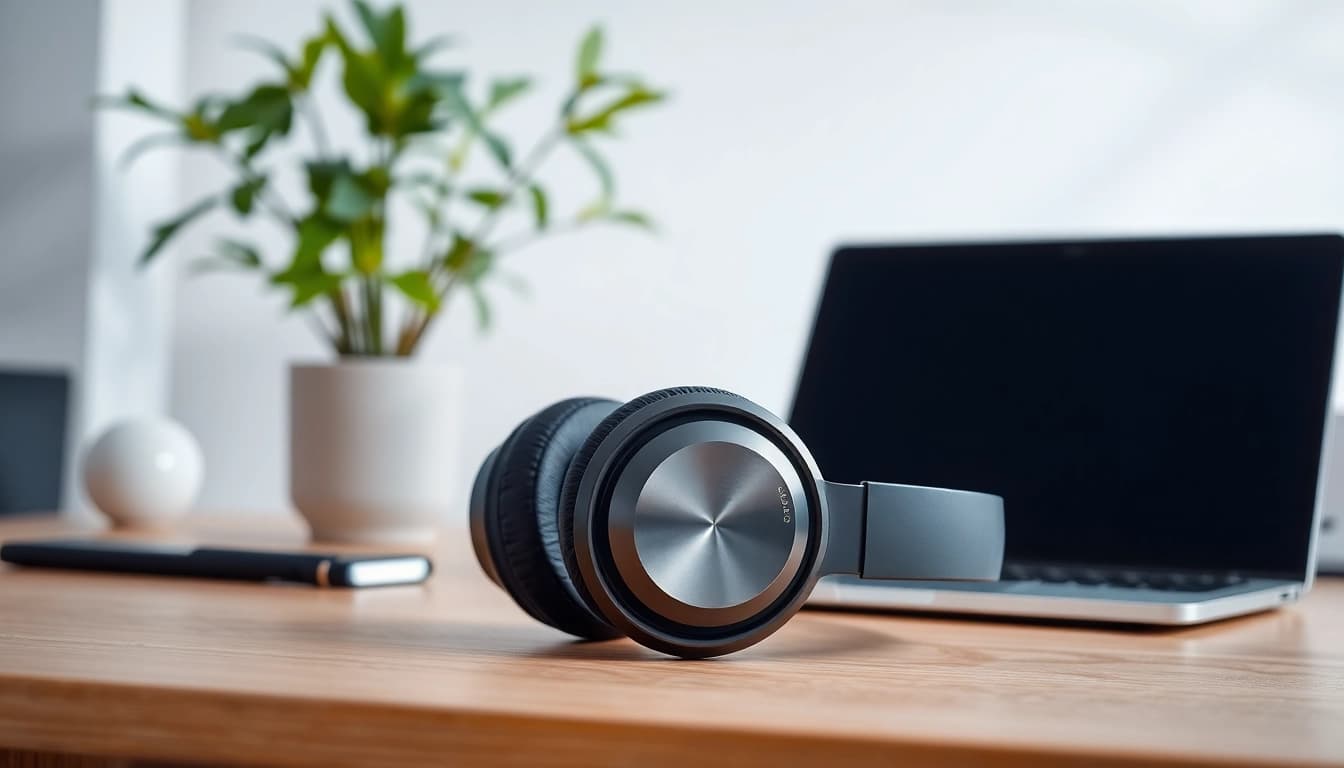 Stylish Bone X1 Bone Conduction Headphones on a desk, showcasing design and features in a workspace.