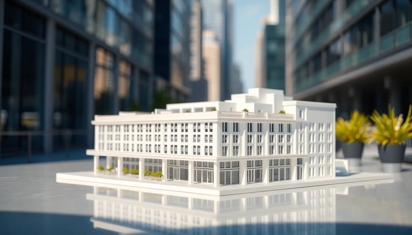 Architekturmodellbau Chemnitz: Detailliertes Modell eines modernen Gebäudes in urbaner Umgebung.