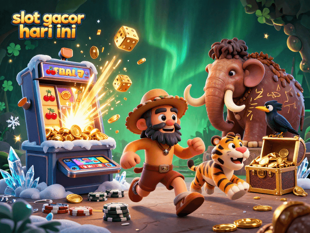 Experience excitement at the slot gacor hari ini with a dynamic prehistoric casino scene featuring unique characters and jackpot elements.