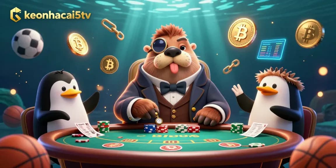 Experience thrilling sports betting action with keonhacai5tv's underwater poker scene featuring engaging cartoon characters.