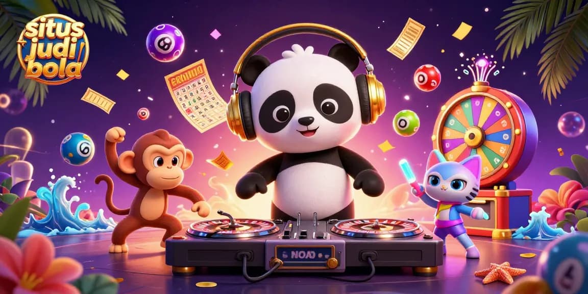 Situs judi bola highlights a lively scene with a DJ panda, dancing monkey, and energetic kitten in an electrifying atmosphere.