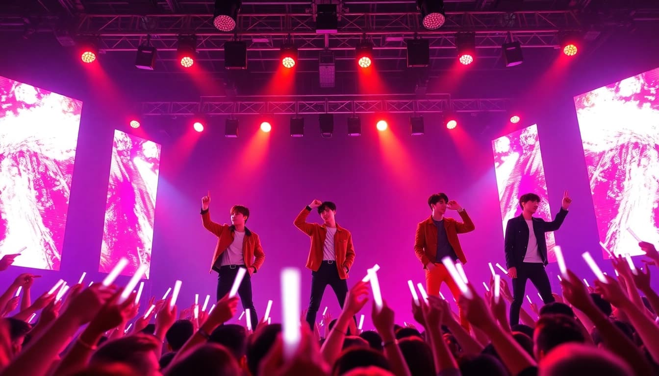 BTS news showcasing the group's vibrant performance with fans cheering in excitement.