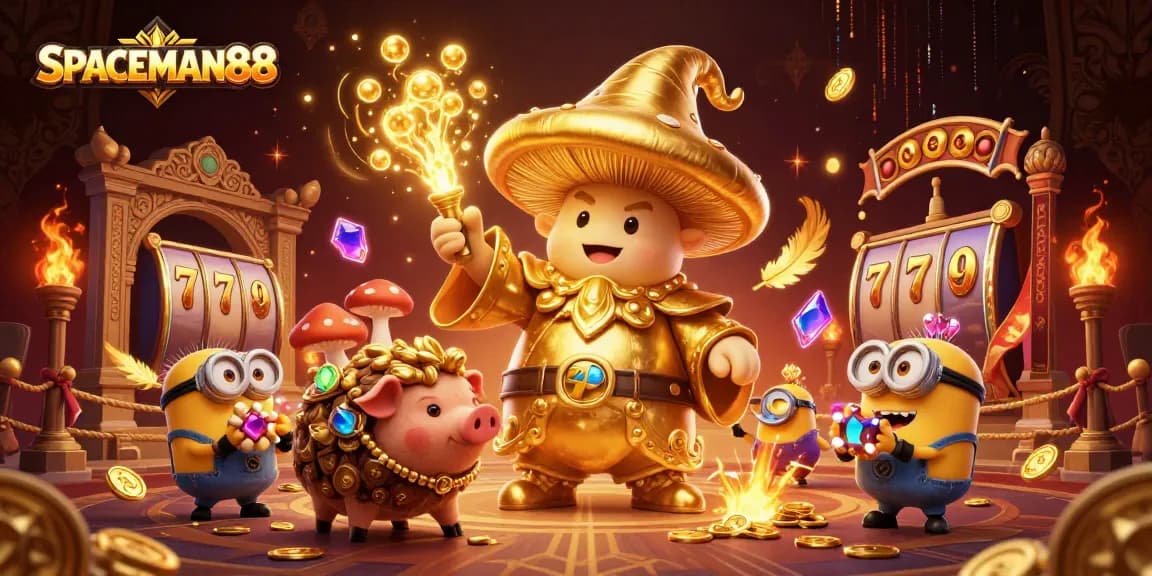 SPACEMAN88 wizard casting golden magic in a vibrant casino scene with treasure and slot reels.