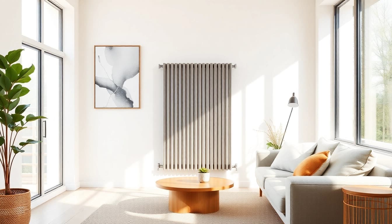 Heizkörper in modernem Wohnzimmer, stilvoll und einladend gestaltet.