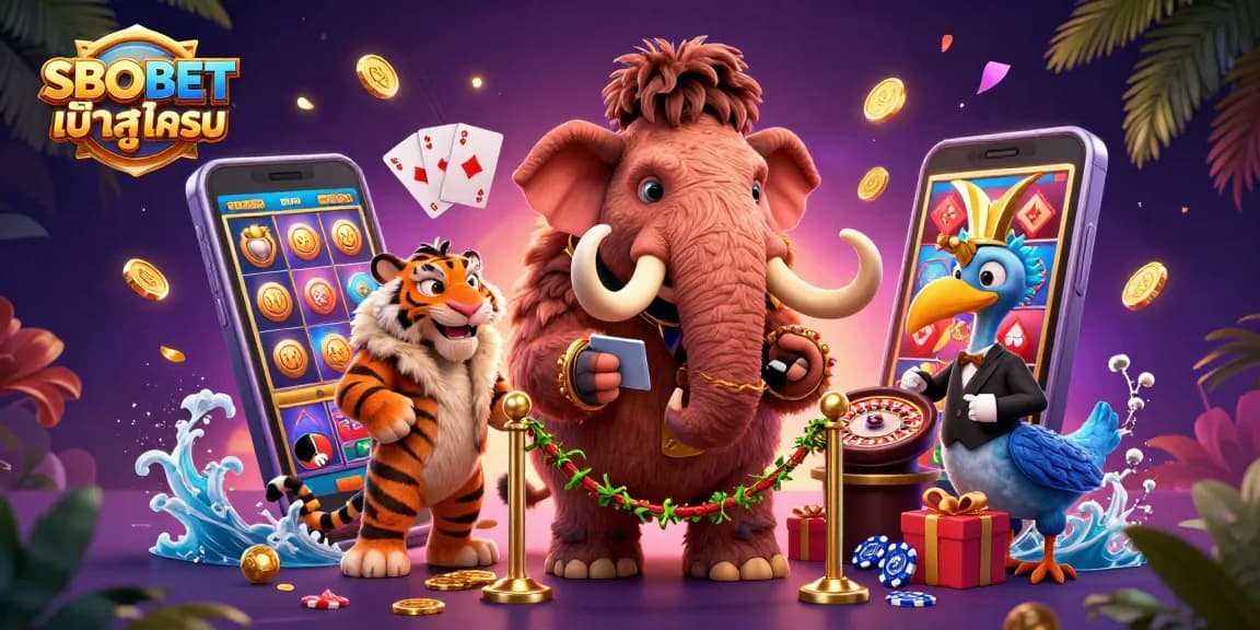 Experience the thrilling SBOBET เข้าสู่ระบบ with vibrant casino-themed characters and games in this dynamic illustration.