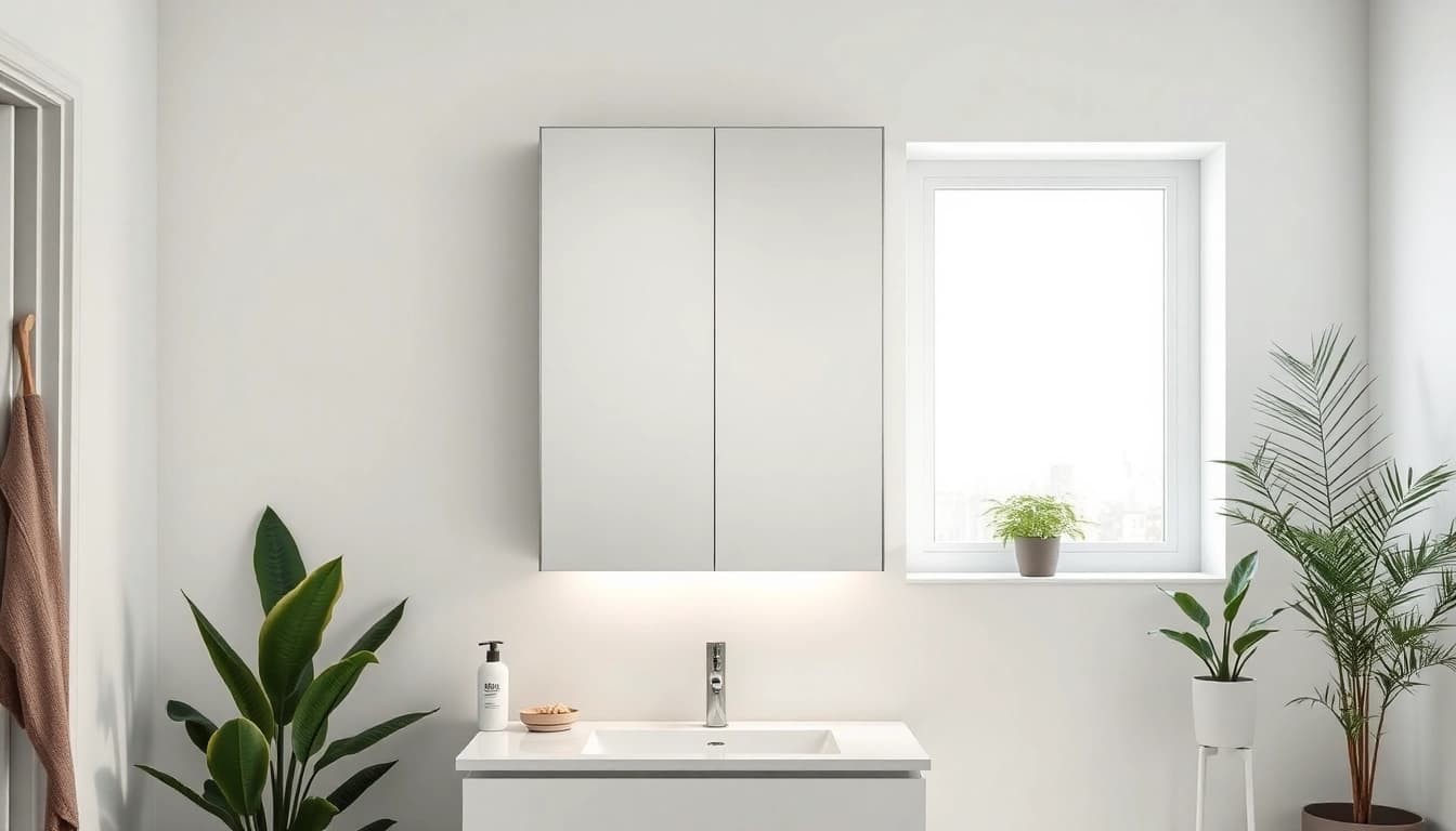 Showcasing a sleek mirrored bathroom cabinet with light reflecting modern elegance and tranquility.