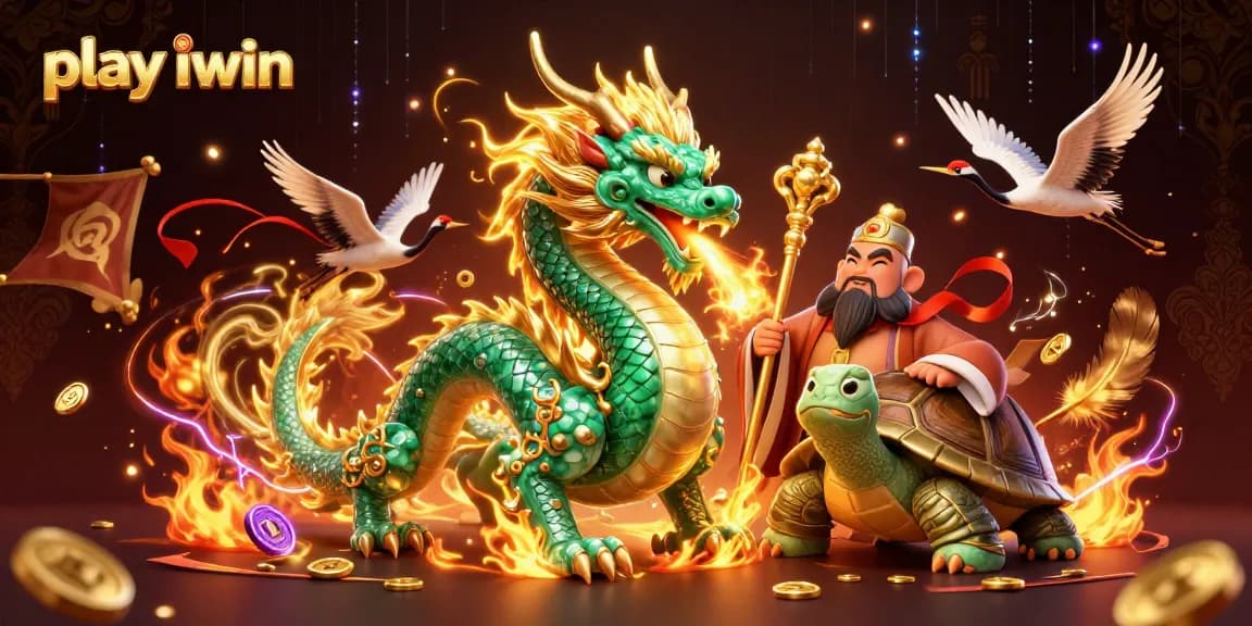 Play iwin with a captivating dragon and turtles in a vibrant casino illustration.
