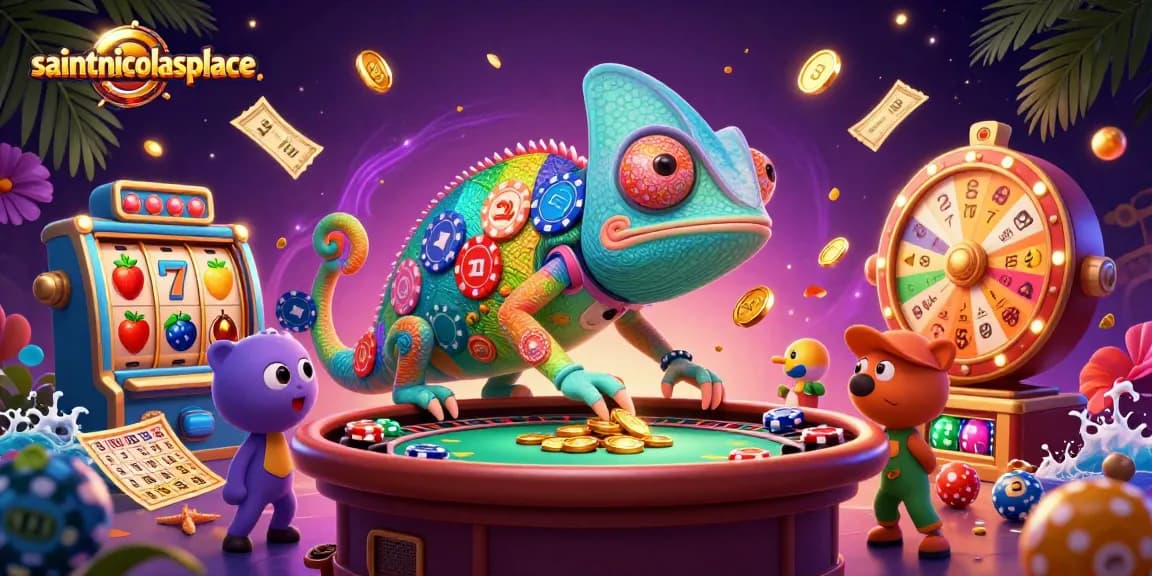 Experience the vibrant casino world of saintnicolasplace with a colorful chameleon owner and dynamic gaming elements.