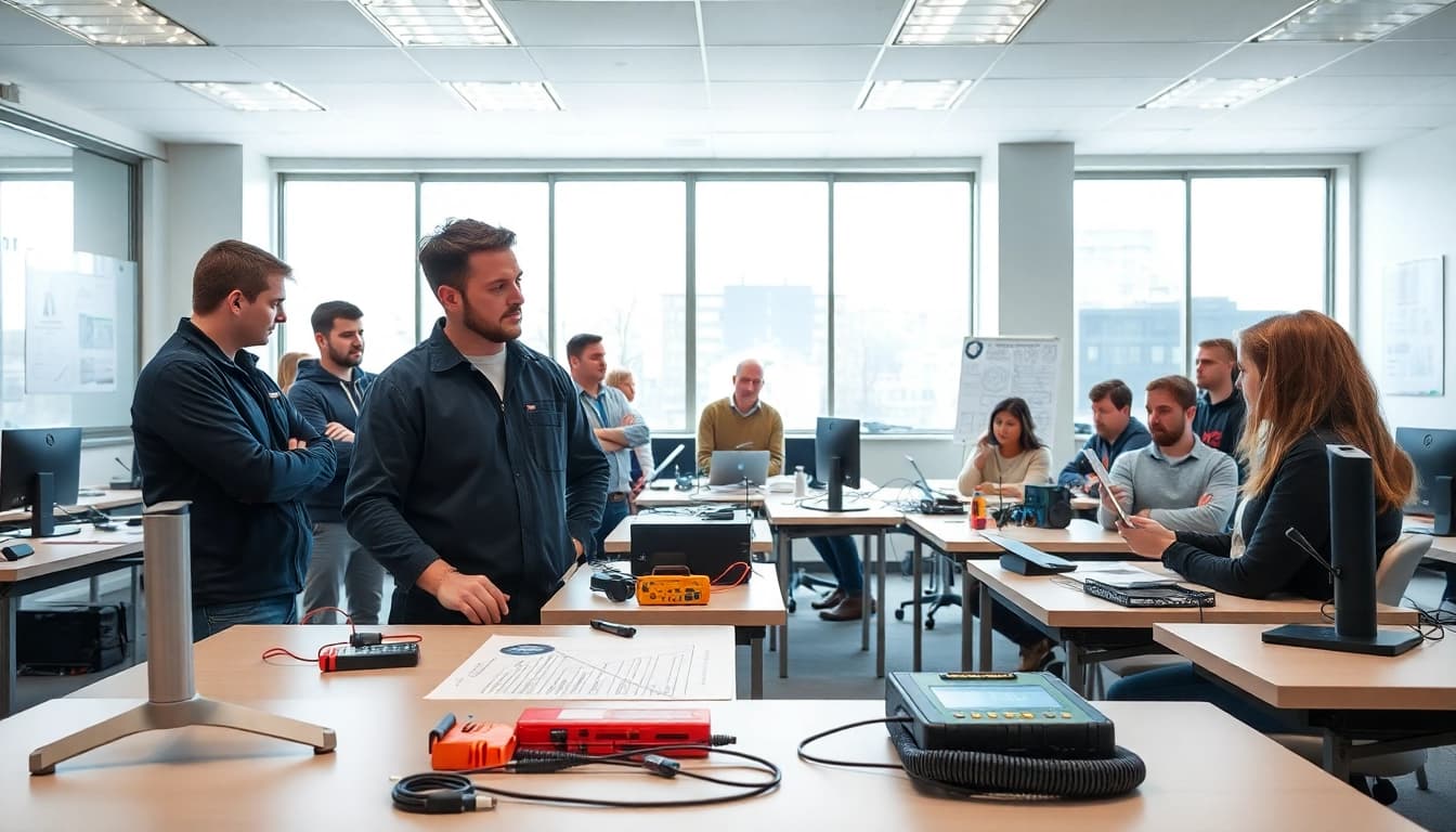 Engaging low voltage training session showing eager students and modern equipment.
