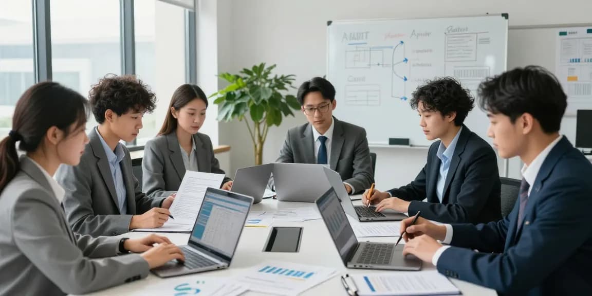 Tim audit forensik profesional di aafikotatasikmal.org bekerja sama dalam lingkungan kantor modern.