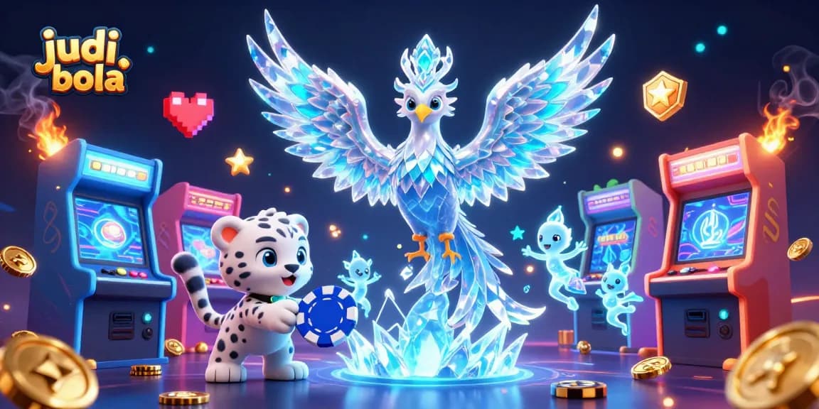 Engage in judi bola with a vibrant 3D scene featuring an ice phoenix, snow leopard, and colorful gaming elements.