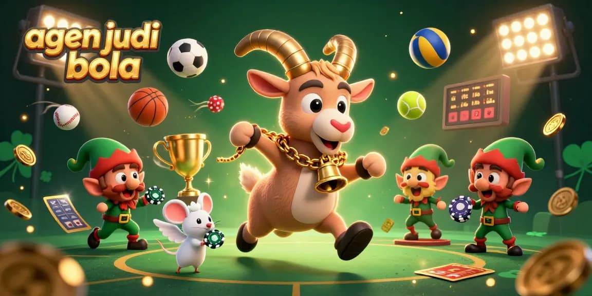Engage in sports betting excitement at agen judi bola with a vibrant casino scene featuring Krampus, angel mouse, and elf gremlins.