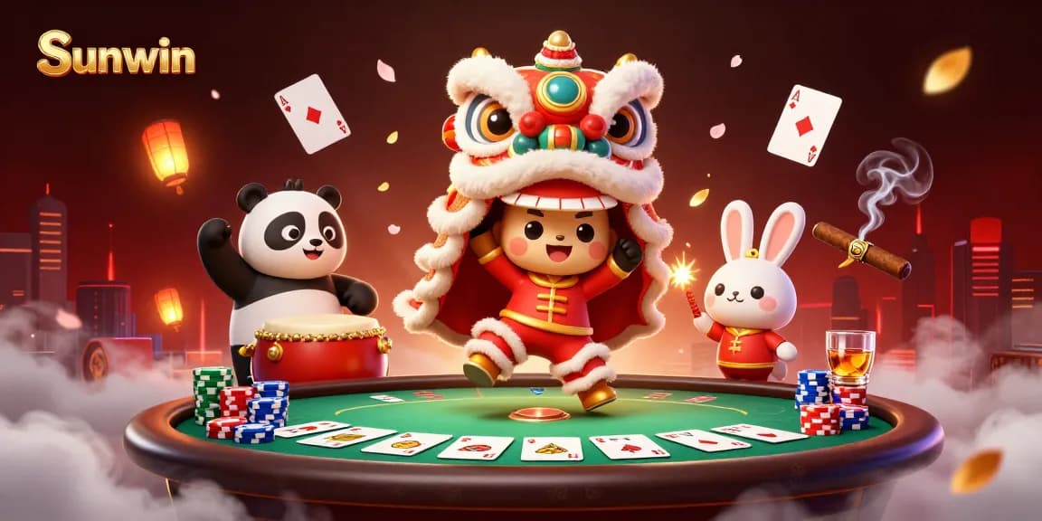 Experience exciting gameplay with Sunwin as a festive lion dance and casino elements come alive in vibrant colors.