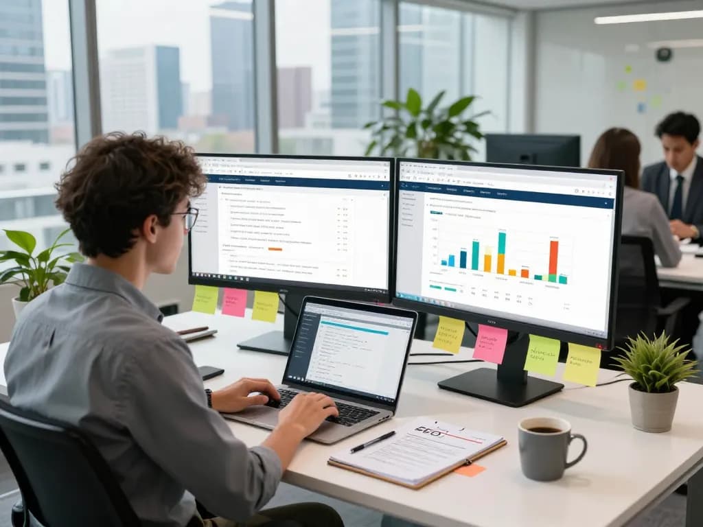 Professional analyzing SEO Audit report in a modern office with data visuals and graphs.