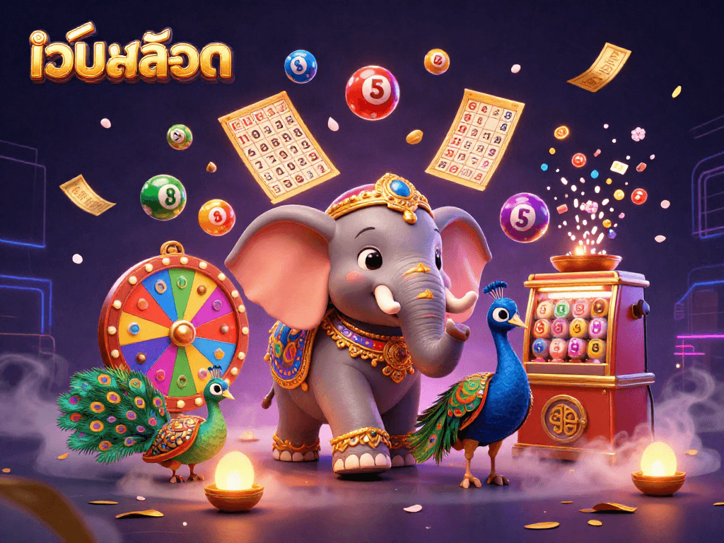 Play เว็บสล็อต with vibrant lottery balls and festive Diwali characters in a dynamic casino scene.