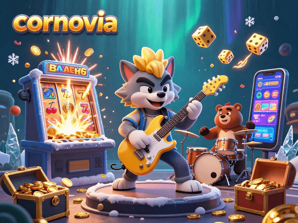 Cornovia showcases vibrant 3D casino scene with a rock star wolf and exciting jackpots.
