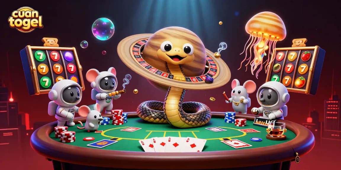Place your bets with cuan togel in a vibrant cosmic casino scene featuring cartoon snakes, mice, and jellyfish.