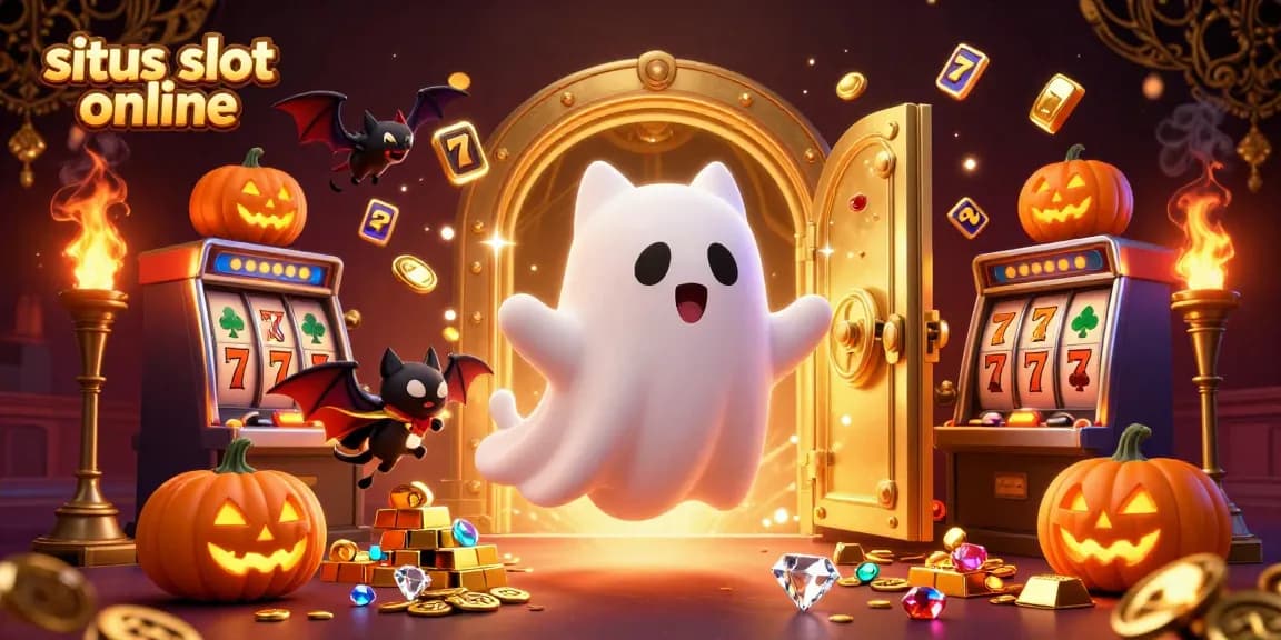 Experience the excitement of situs slot online with ghostly companions in a vibrant casino scene.