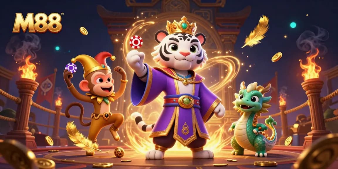 M88 offers vibrant 3D illustration featuring tiger, monkey, and dragon amidst gambling elements.