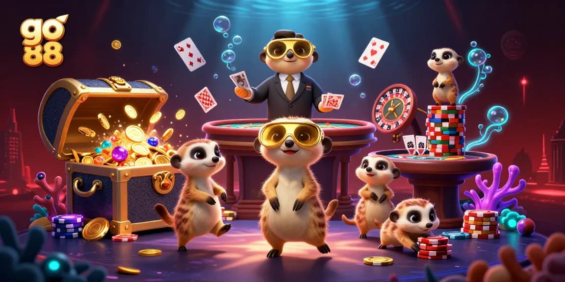 Engage with go 88's vibrant casino scene featuring meerkats dealing cards and running games.