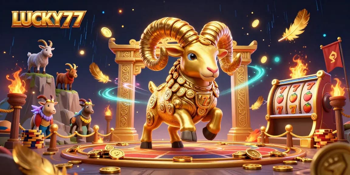 LUCKY77 enhances gameplay as a mascot amidst slot machines and vibrant casino elements.