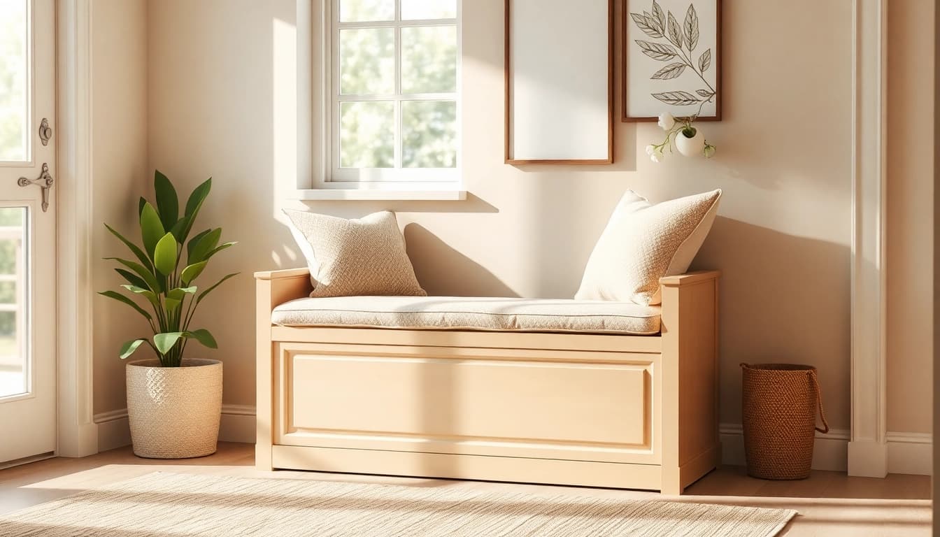 Stylish storage bench enhancing a welcoming entryway with functional design.