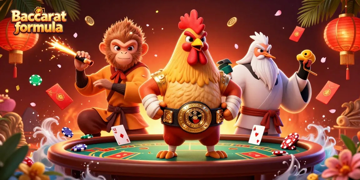 Play the Baccarat formula with expert strategies amid vibrant casino elements and characters.