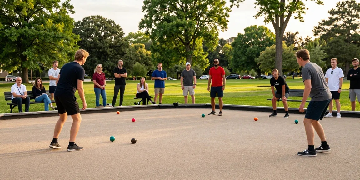 Permainan petanque di fopikotabitung.org saat matahari terbenam, dengan para pemain bersaing di lapangan terbuka.