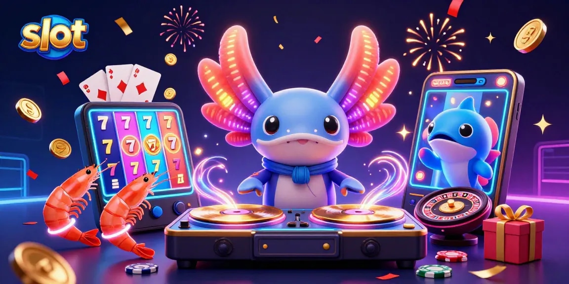 Menggulung slot pada smartphone dengan karakter berwarna neon di kasino, menyebar koin emas dan kartu permainan.