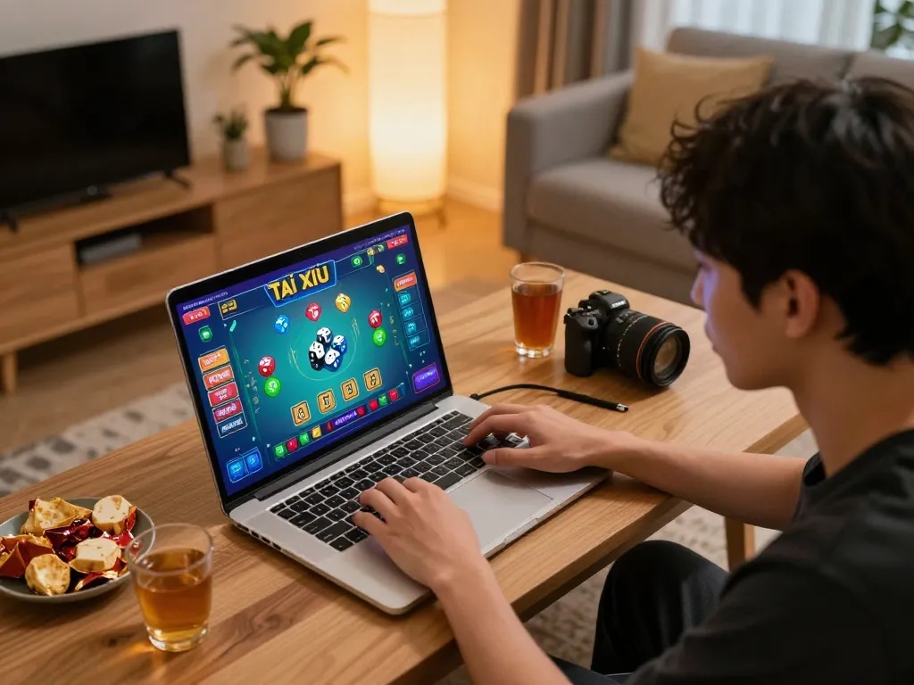 Tài xỉu online uy tín engaging gameplay on a laptop with colorful graphics and strategic focus
