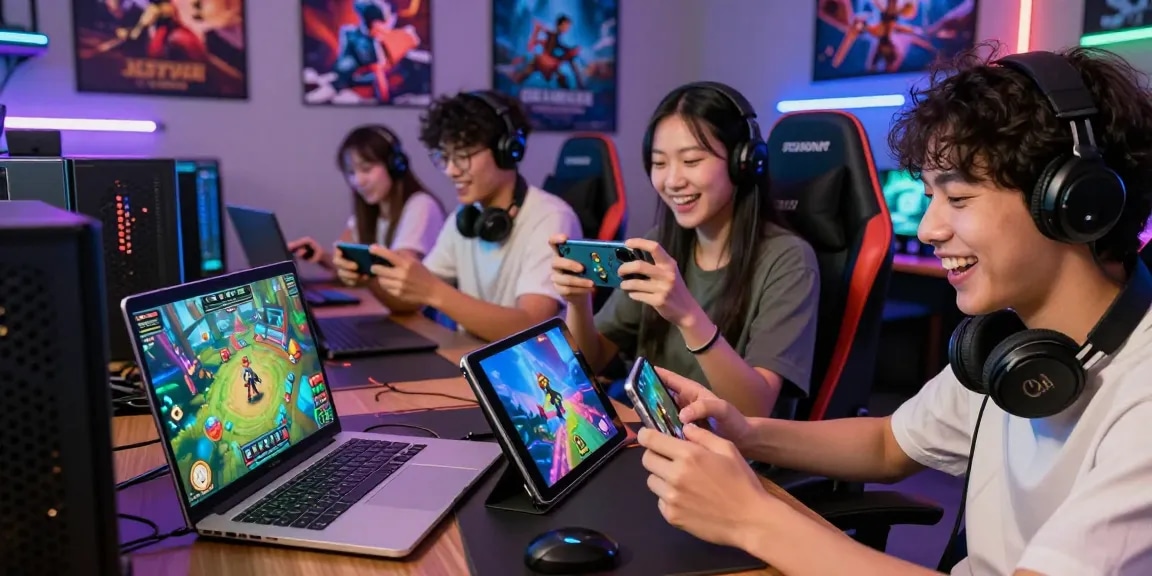 Engaging gaming scene with diverse players enjoying xxx games on multiple devices, showcasing excitement and community.