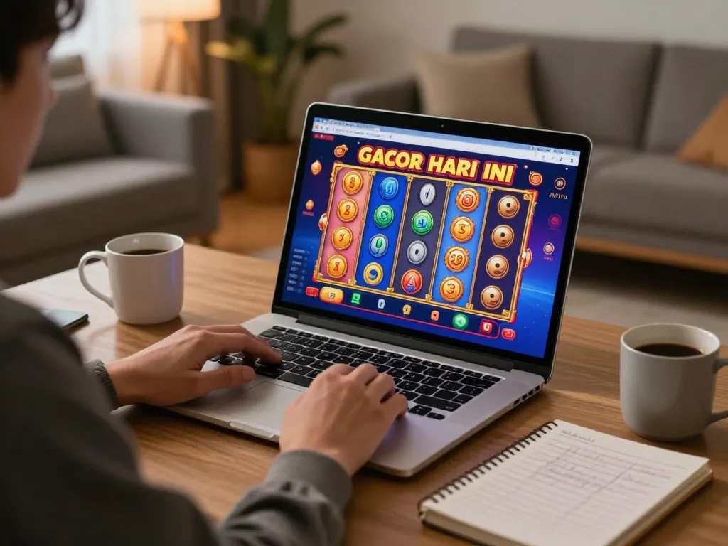 Engaging in slot gacor hari ini gameplay on a laptop at home, highlighting strategic notes for better odds.