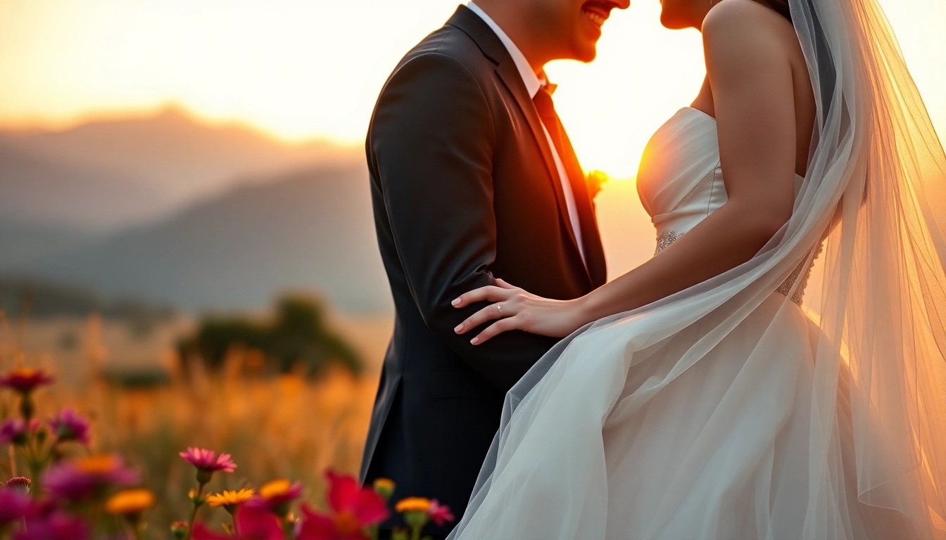 Wedding photography showcasing an emotional couple outdoors during golden hour.