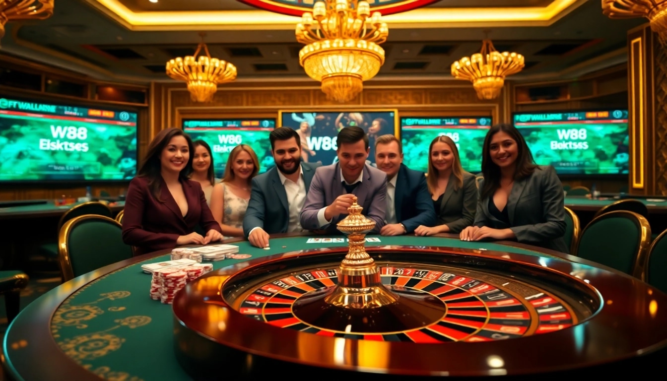 Engage with the thrilling world of W88 link at a luxurious casino table filled with cards and chips.