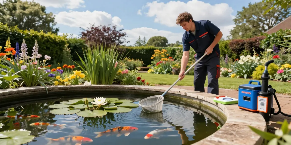 Pond Clean Surrey: Professional technician cleaning a serene garden pond with koi fish and water lilies.