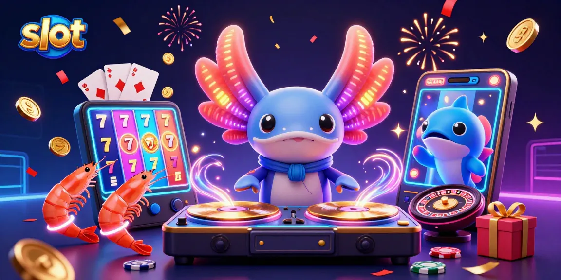 Menggulung slot pada smartphone dengan karakter berwarna neon di kasino, menyebar koin emas dan kartu permainan.