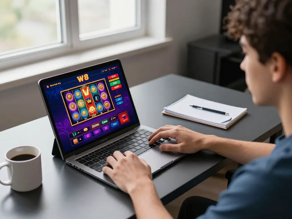 Engaged player using W 88 online casino tablet at home with notes and coffee