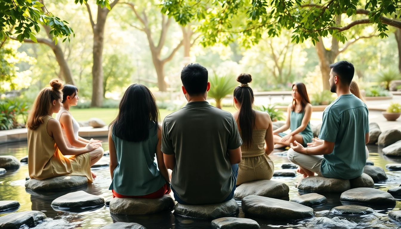 Individuals addressing anxiety symptoms in a serene outdoor meditative setting.
