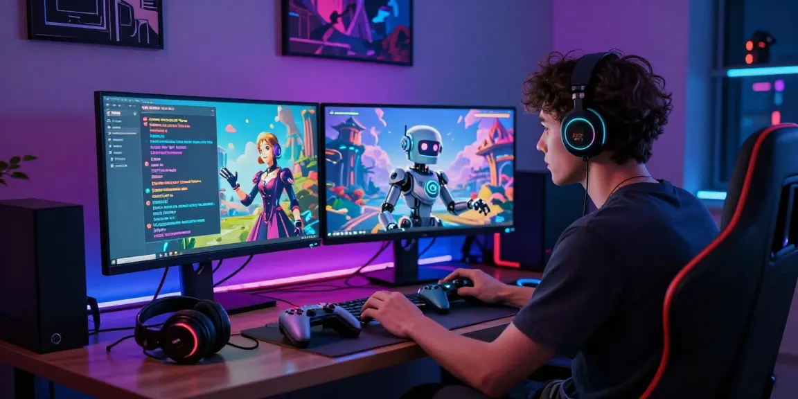 Engaging scene of an nsfw chat bot character interacting with a user at a neon-lit gaming desk.