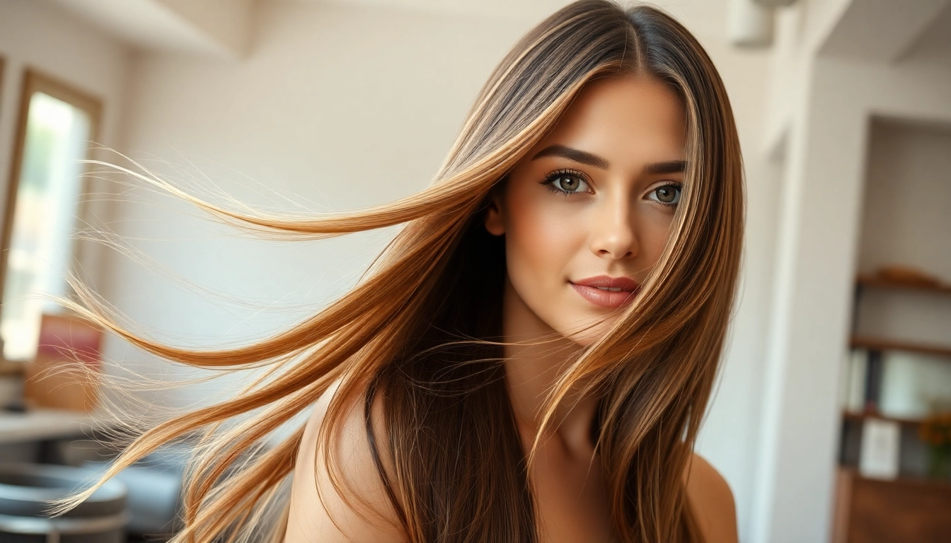 Model demonstrating genius weft hair extensions for a seamless, natural look in bright salon lighting.
